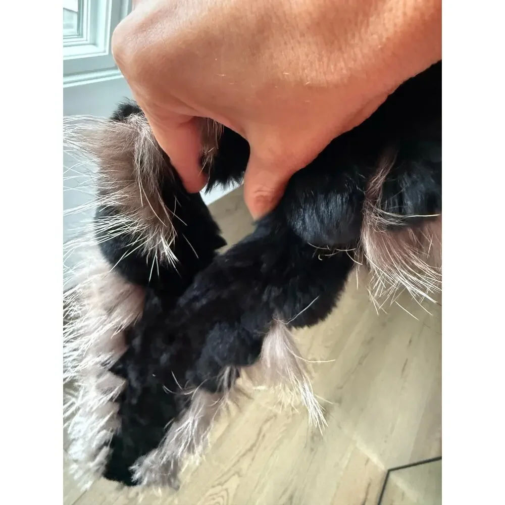 Genuine Rex Rabbit Fur Pull Through Scarf Fox Fur Trim Black Winter Wrap 36